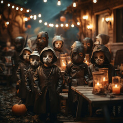 Fototapeta premium A group of children with feary masks and costumes at the Halloween night. Children are wearing Halloween costumes 