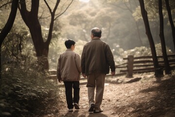 Back view father and son walking in a park forest spending time together. Father's day. Generative AI