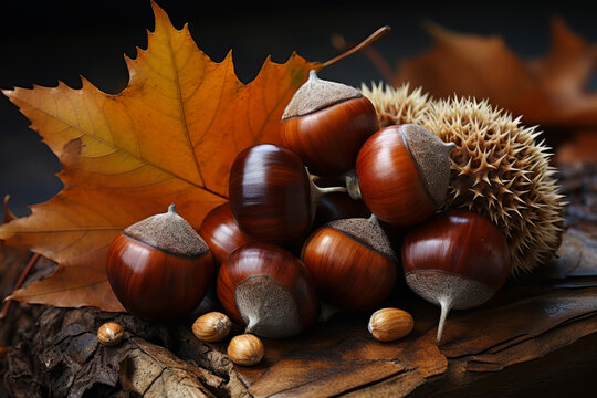 acorns resting on a fall leaf in autumn,  Generative AI technology.