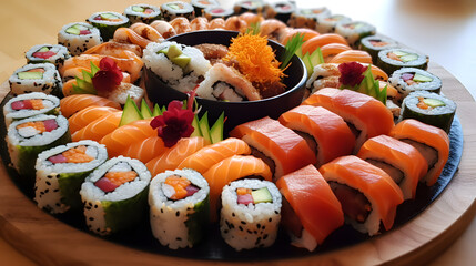 A platter of assorted sushi rolls with pickled ginger and soy sauce