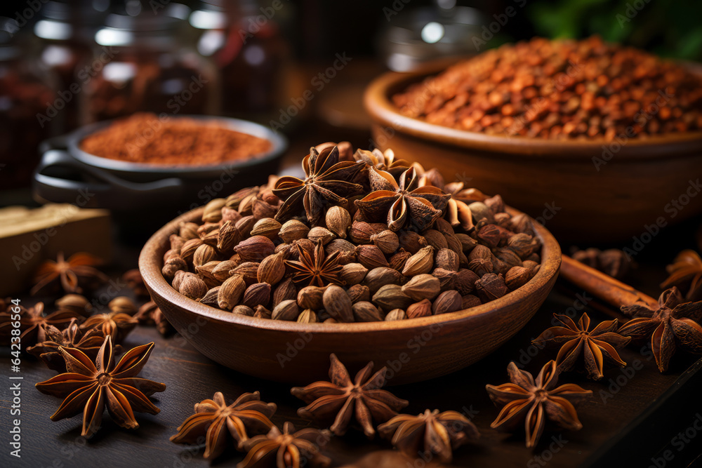 Poster the star of anise and dried pepper with cinnamon sticks on a dark coloured table, generative ai tech