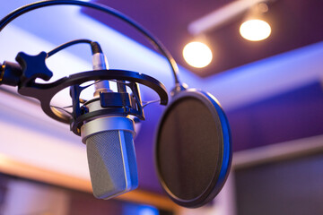 Professional microphone equipment for recording podcast in studio lights