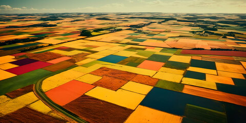 patchwork fields in a rural landscape with different crops and colors . Generative AI - obrazy, fototapety, plakaty