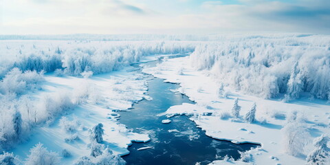 snow-covered winter landscape with an aerial view of a frozen lake and surrounding snowy scenery. Generative AI