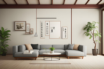 modern living roomHome interior in japanese style, wall mockup in living room background, 3d render