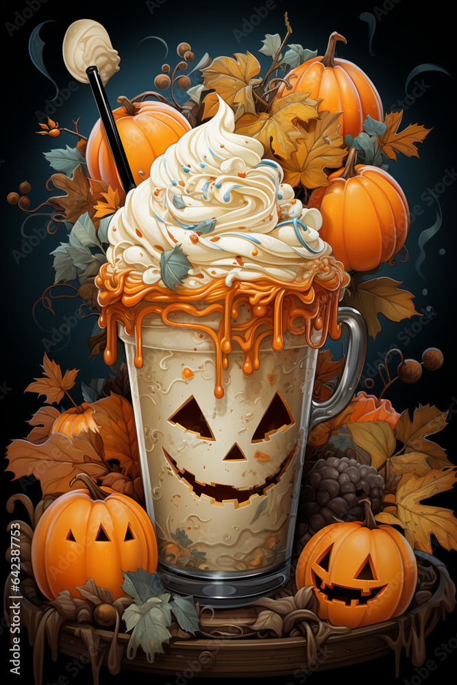 Poster ice cream with pumpkin and cinnamon sticks in a cup, generative ai technology.