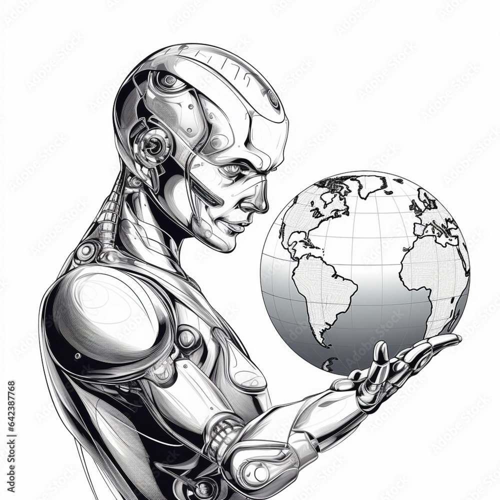Aufkleber A line art depiction of a robot holding a globe, implying AI's global impact on technology and industries. Generative AI technology.