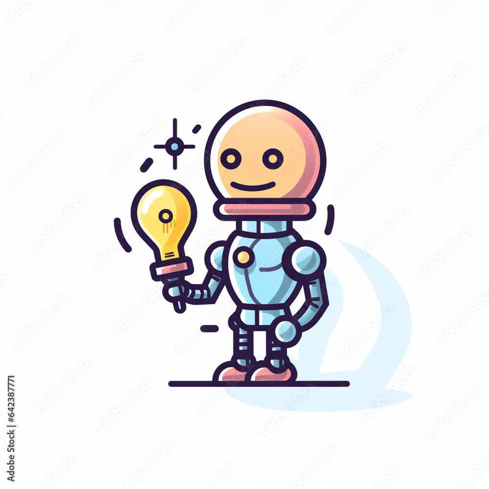Poster A line art icon of a robot holding a lightbulb, symbolizing AI's innovative and creative potential.  Generative AI technology.