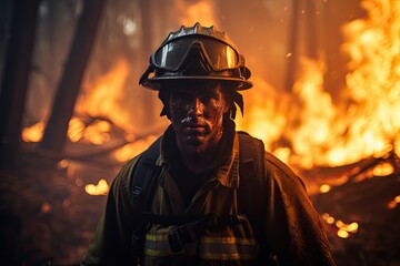 Fire fighter in uniform battling forest fires