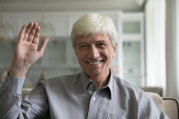 Happy positive senior 70s man smiling at camera, waving hand hello, talking on video call, enjoying online Internet communication, virtual conference chat. Senior blogger, grandpa head shot portrait