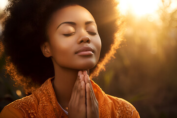 African American woman praying in nature - obrazy, fototapety, plakaty