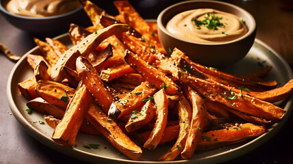 A platter of crispy and golden sweet potato fries with a chipotle mayo dip - obrazy, fototapety, plakaty