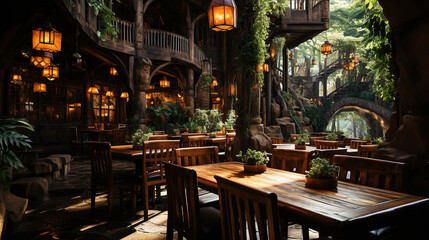 Fototapeta na wymiar Rustic wooden building in a cozy restaurant setting