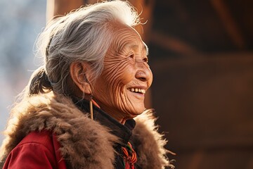 side view of a delighted indigenous Chinese old woman