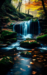 Landscape photo of waterfall in the forest during autumn season.