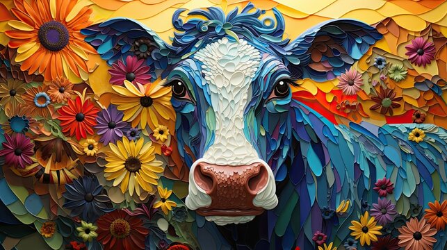 Psychadelic Artwork representing a colorful cow in vibrant color tones. 
