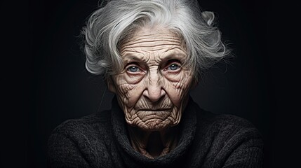 beautiful old woman posing serious in front of the camera.