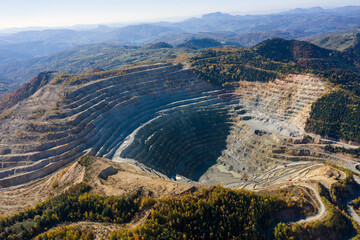 Aerial view of Rosia Poieni open pit copper mine, Romania - obrazy, fototapety, plakaty