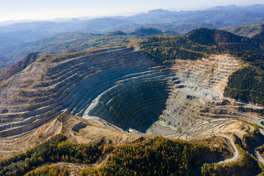 Aerial view of Rosia Poieni open pit copper mine, Romania