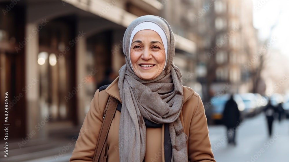 Wall mural senior muslim woman dressed in coat walking on the street