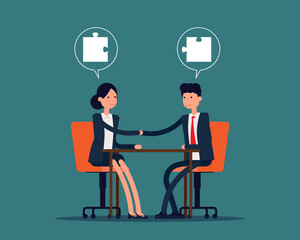 Politicians handshaking with matching jigsaw puzzle pieces in speech bubbles. Business deal or success agreement. Vector illustration in cartoon style