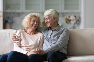 Joyful older retired husband and wife enjoying dating, love relationship, anniversary, leisure together, hugging, holding hands on home couch, talking, smiling, laughing at joke