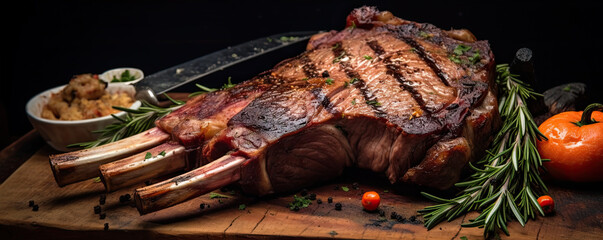 Grilled tomahawk steak top view on wooden background.