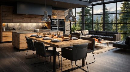 Fototapeta na wymiar Stylish apartment interior with modern kitchen, Idea for home design.