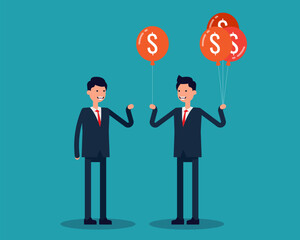 Manager give money balloon to employee. Salary or bonus concept