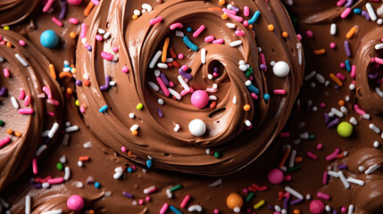 An up-close look at cupcakes with chocolate frosting and sprinkles.