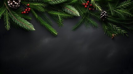 Christmas background with xmas tree and fir cones on black background. Space for text