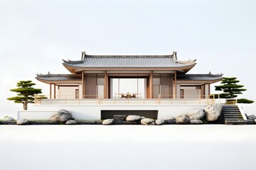 Obraz premium Modern japanese house with trees isolated on white empty background in real estate sale or property investment concept new home for big family. 3d illustration of residential building exterior.
