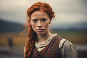 Portrait of a Beautiful Traditional Fictional Scottish Ginger Woman Wearing a Kilt Dress. Meadow of Scotland Highland Background. Generative AI. - obrazy, fototapety, plakaty