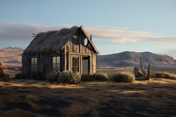 A single wooden house at the beach during the evening. Abandoned shack, moody landscape