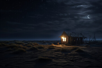 A single wooden house at the beach during the night, Window with light, dark blue sky