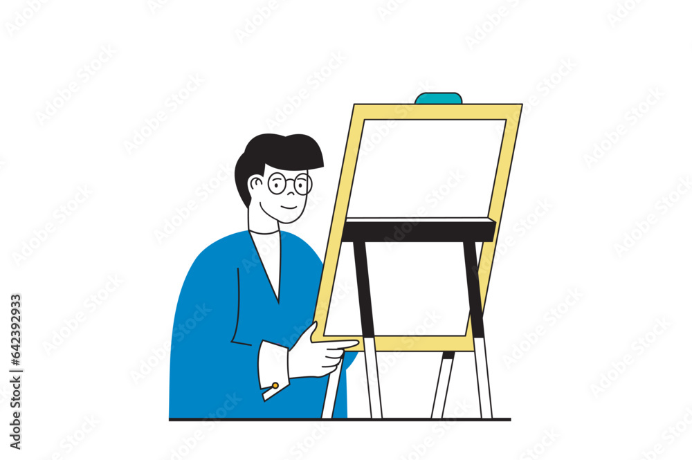 Poster education concept with people scene in flat web design. man teaching in school and preparing present
