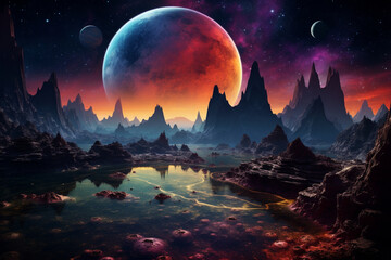 A colorful alien landscape, the fantastic nature of a distant alien planet. Generative AI illustration	