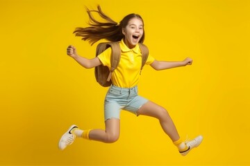 Fototapeta na wymiar Girl jumping backpack. Generate Ai