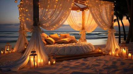 Romantic gazebo lounge at tropical resort. Beach beds among palm trees.