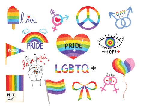 Set of LGBTQ community symbol elements watercolor