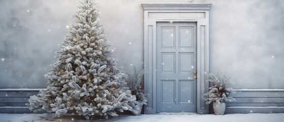 Fototapeta na wymiar Mockup with facade of house with front door, Christmas fir and decorations. entrance home exterior. patio, backyard in a house. doorway. Xmas, New Year template. Generative ai