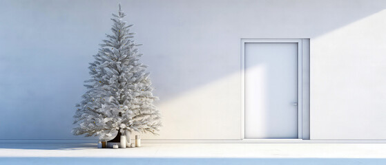 Mockup with white facade of  house with front door, Christmas fir. entrance home exterior. Loft. patio, backyard in a modern house. doorway. Minimalism. Xmas, New Year template. Generative ai
