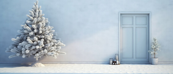 Mockup with blue facade of  house with front door, Christmas fir and decorations. entrance home exterior. patio, backyard in a modern house. doorway. Xmas, New Year template. Generative ai