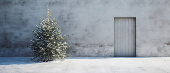 Front door, entrance with Christmas tree, fir or spruce. empty concrete wall. Christmas and New Year mockup. Loft exterior concept with empty space. Xmas background. Minimaal Generative ai. 