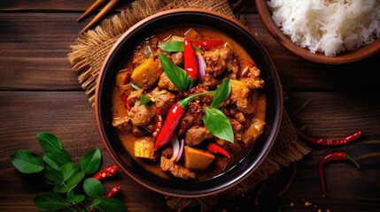 Top view of Spicy thai curry with pork meat serving with rice and decorating with herbal vegetable ingredients like chili and eggplant on the wooden floor background. Thai food. Generative Ai
