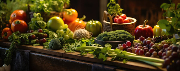 Fruits and green vegetable on old wooden table.