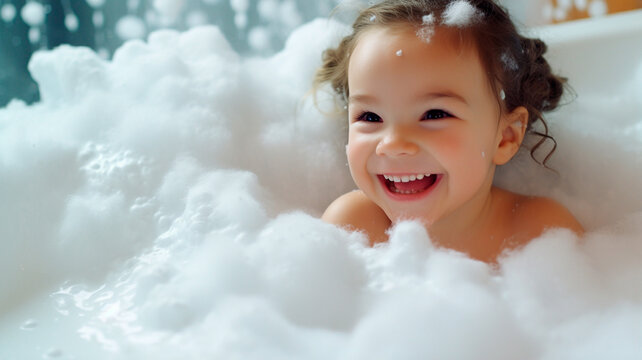 little girl taking a bath with soap bubble