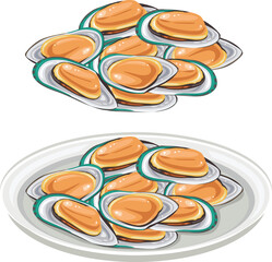 Fresh Delicious Seafood, musselson on white background. Vector illustration.