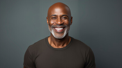 copy space, Black middle age woman portrait with healthy face skin. Open smiling beautiful aging mature woman with short hair. Beauty and cosmetics skincare advertising concept. Copy space available.