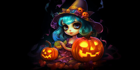 Cartoon cute little girl in witches costumes Trick or Treating with pumpkins on dark background